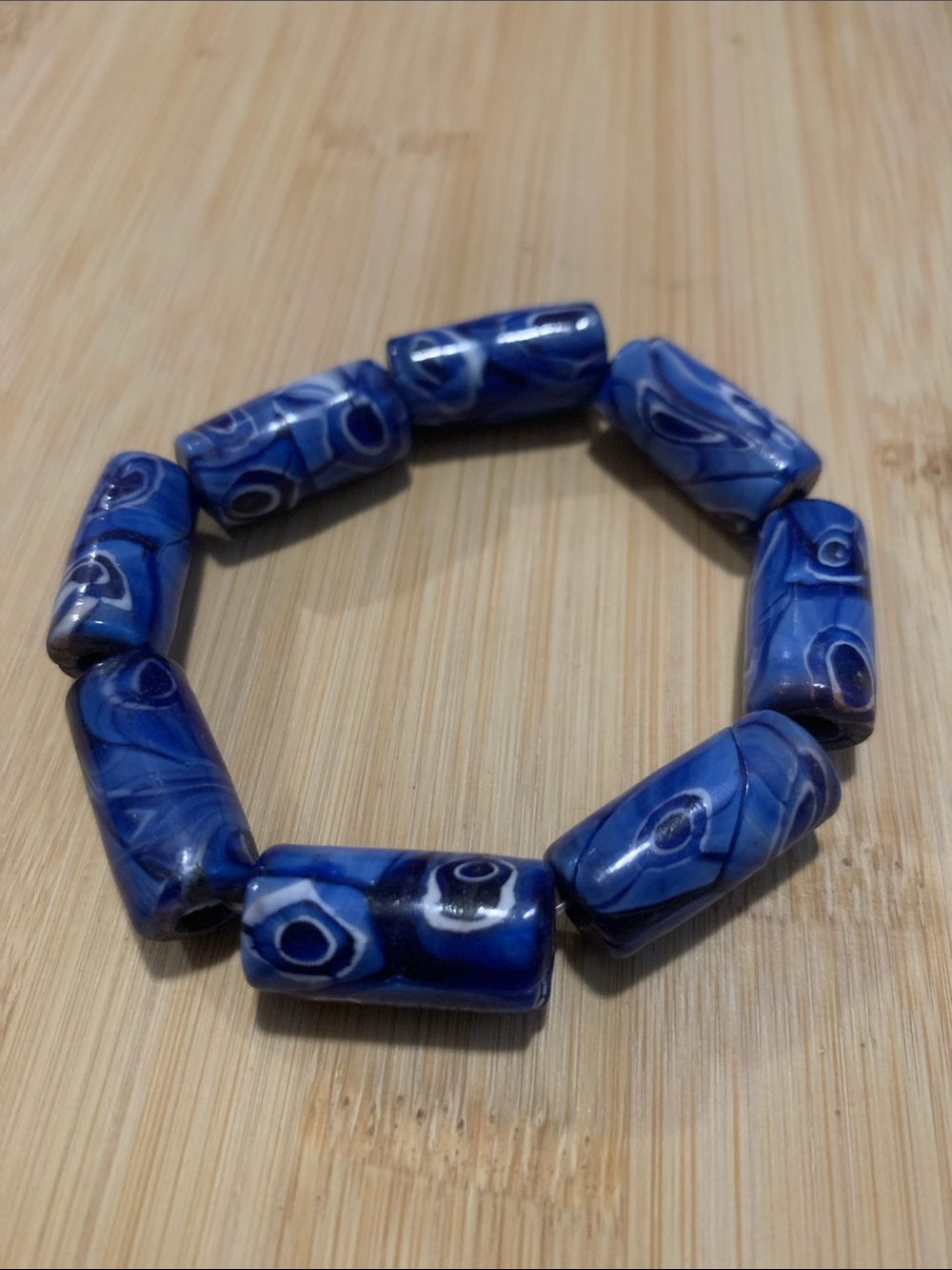 Vintage West Germany Blue Glass Cylinder Bead Stretch Bracelet unisex